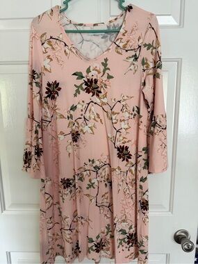 new directions Blush Pink Floral V-Neck Bell-Sleeve Midi Dress